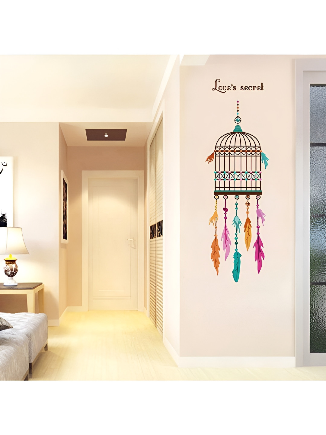 Jaamso Royals Green & Pink Bird Cage Feather Printed Self-Adhesive Removable Wall Sticker