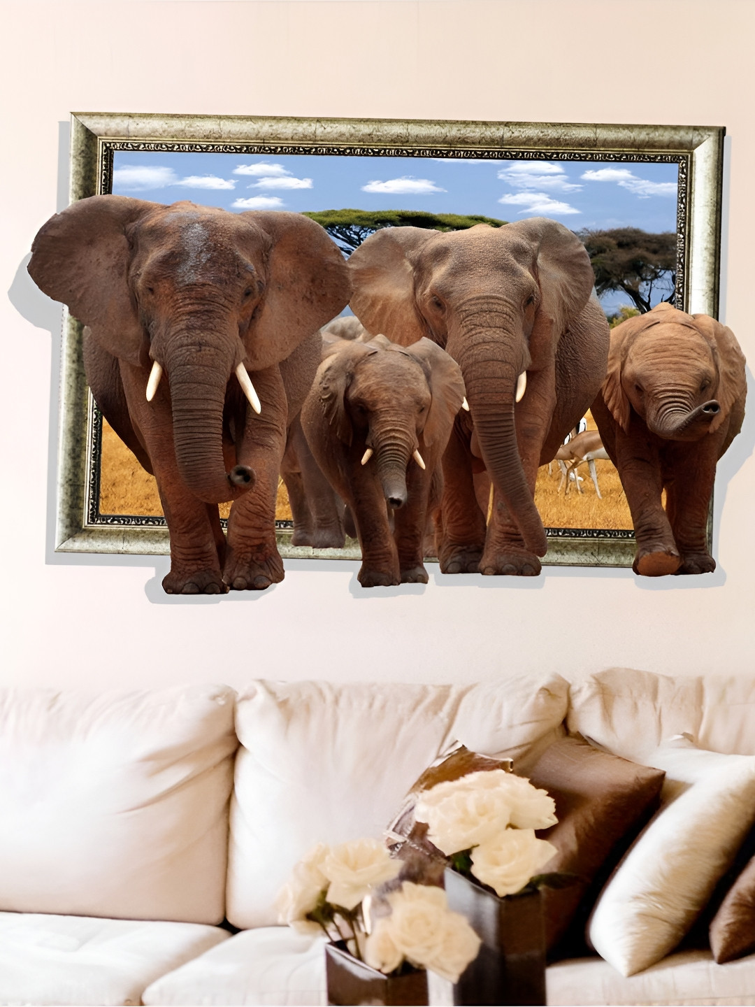 Jaamso Royals Blue & Brown 3D Elephant Printed Self-Adhesive Removable Wall Sticker