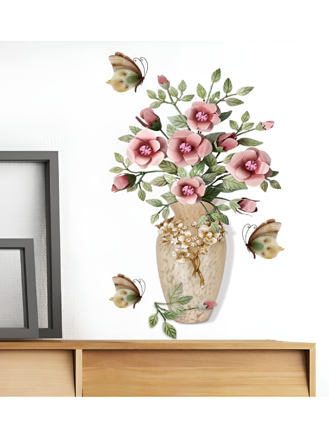 Jaamso Royals Green & Pink 3D Flower Printed Self-Adhesive Removable Wall Sticker