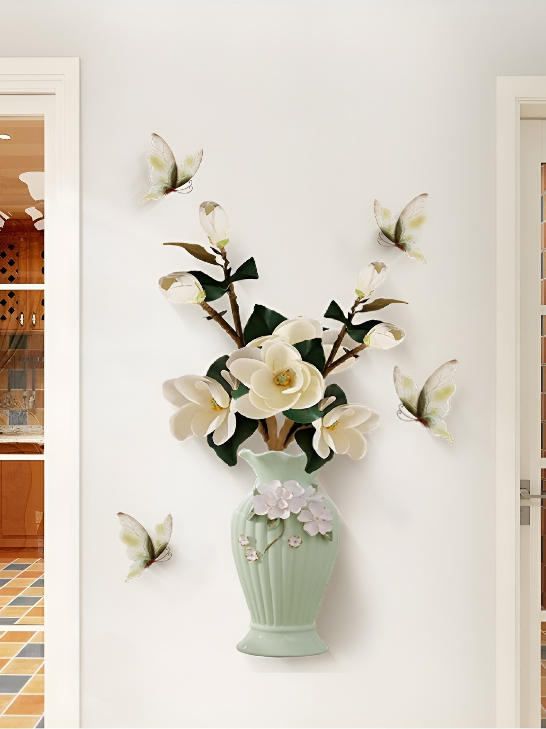 Jaamso Royals Green & White 3D Flower Vase Printed Self-Adhesive Removable Wall Sticker