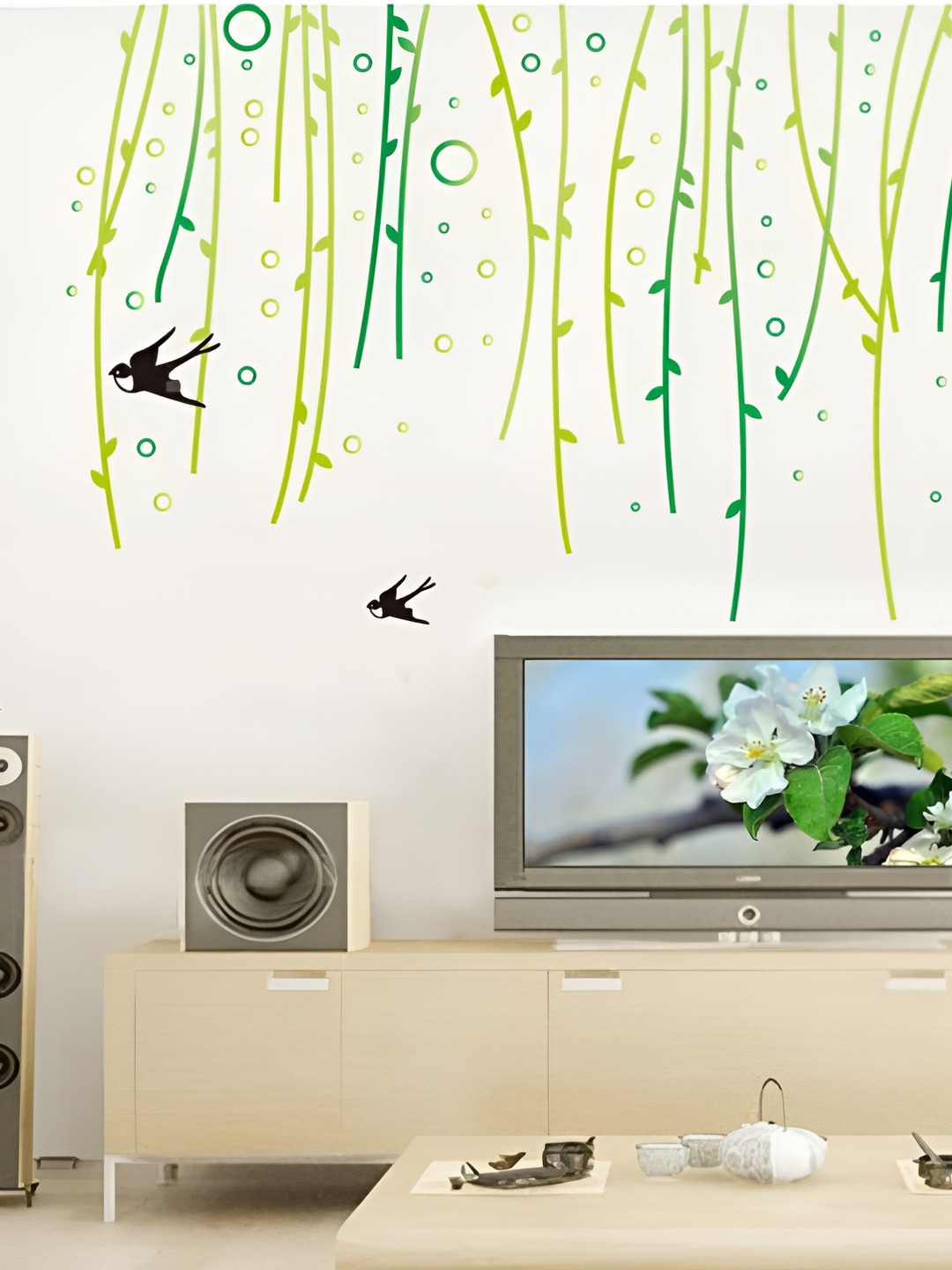 Jaamso Royals Green & Black Birds And Vine Printed Self-Adhesive Removable Wall Sticker