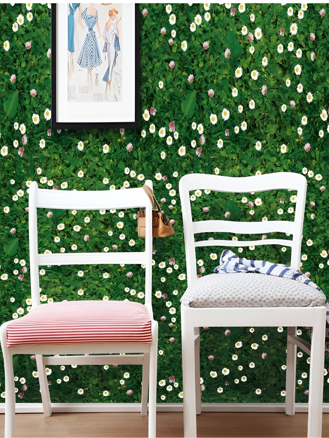 Jaamso Royals Green & White Floral Printed Self-Adhesive Removable Wall Sticker