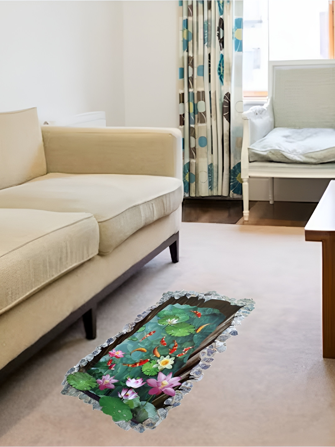 Jaamso Royals Green & Pink 3D Fish Pond Printed Self-Adhesive Removable Wall Sticker