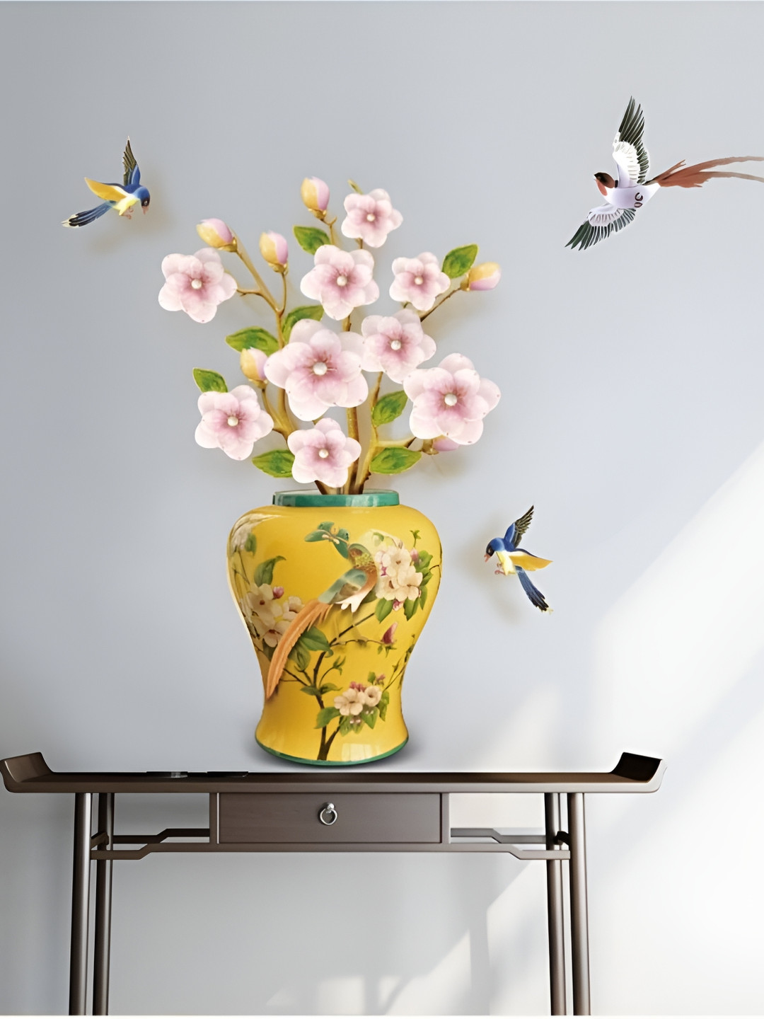 Jaamso Royals Yellow & Pink Flower Vase Printed Self-Adhesive Removable Wall Sticker