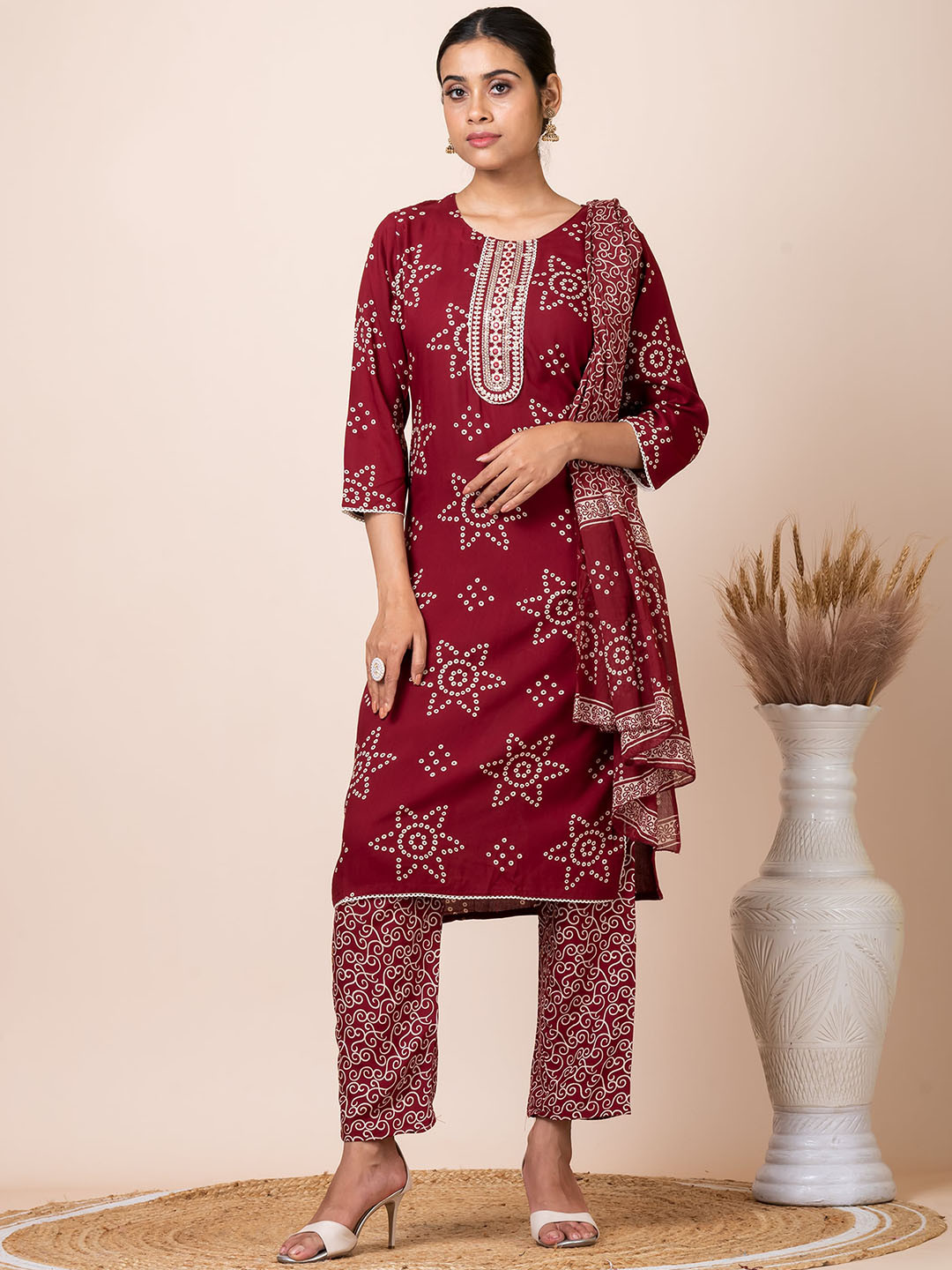 SARSO Bandhani Printed Regular Pure Cotton Kurta with Trousers & With Dupatta
