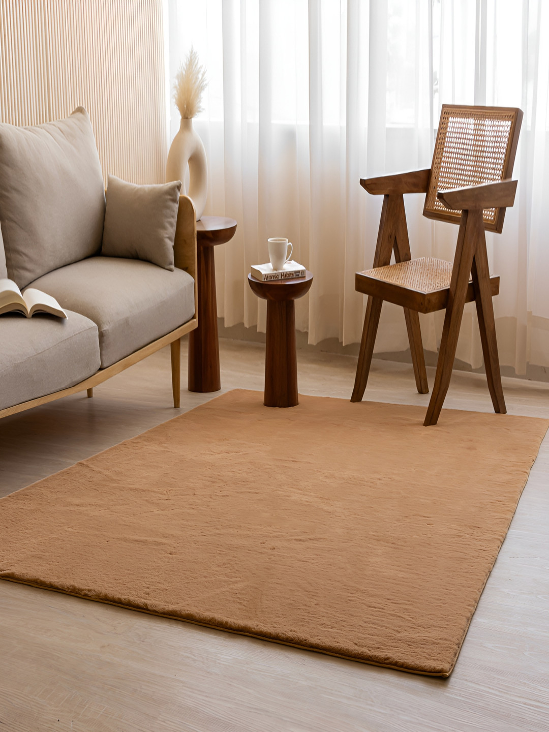 HOMEMONDE Tan Shaggy Anti-Skid Rectangular Carpet
