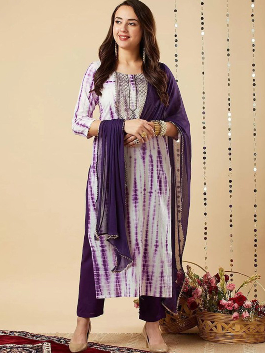 Royal Export V Neck Leheriya Printed Empire Kurta with Trouser & Dupatta