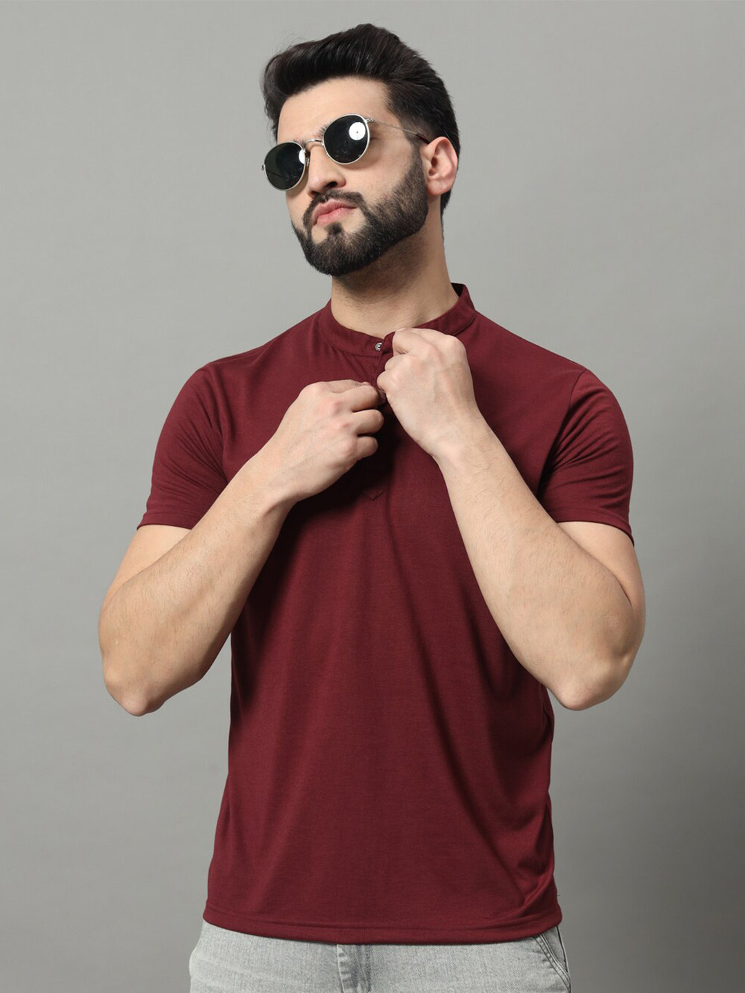 OGEN Regular Fit Short Sleeves Cotton Mandarin Collar T-shirt