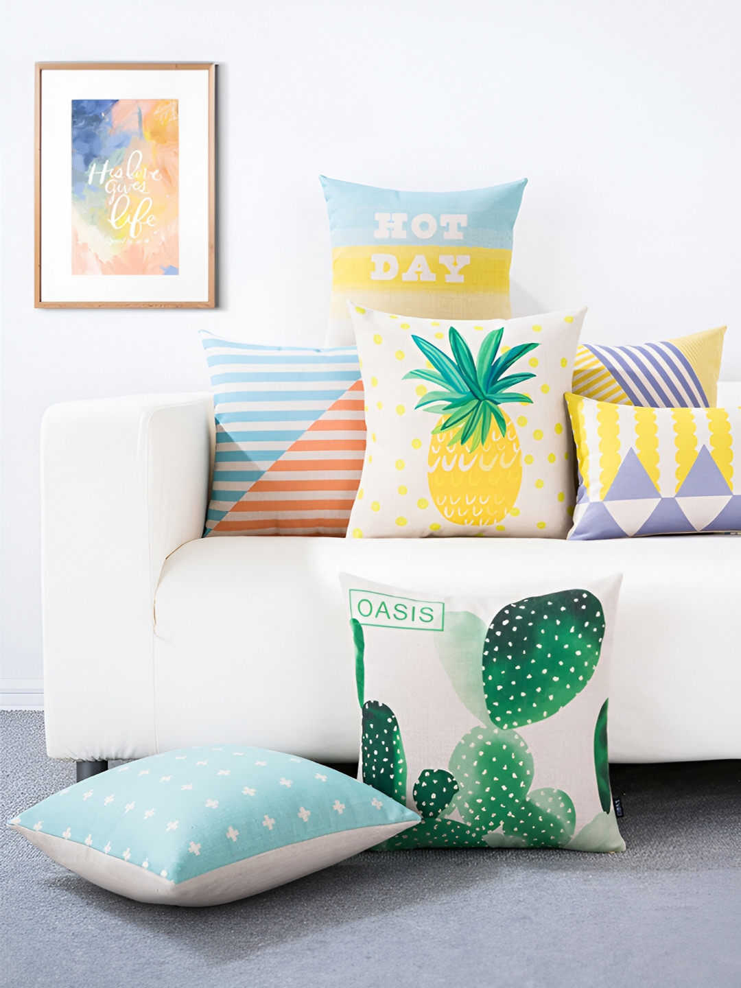 AEROHAVEN Yellow Typography Polyester HD Digital 5 Pcs Cushion Covers - 17.7 x 17.7 Inches