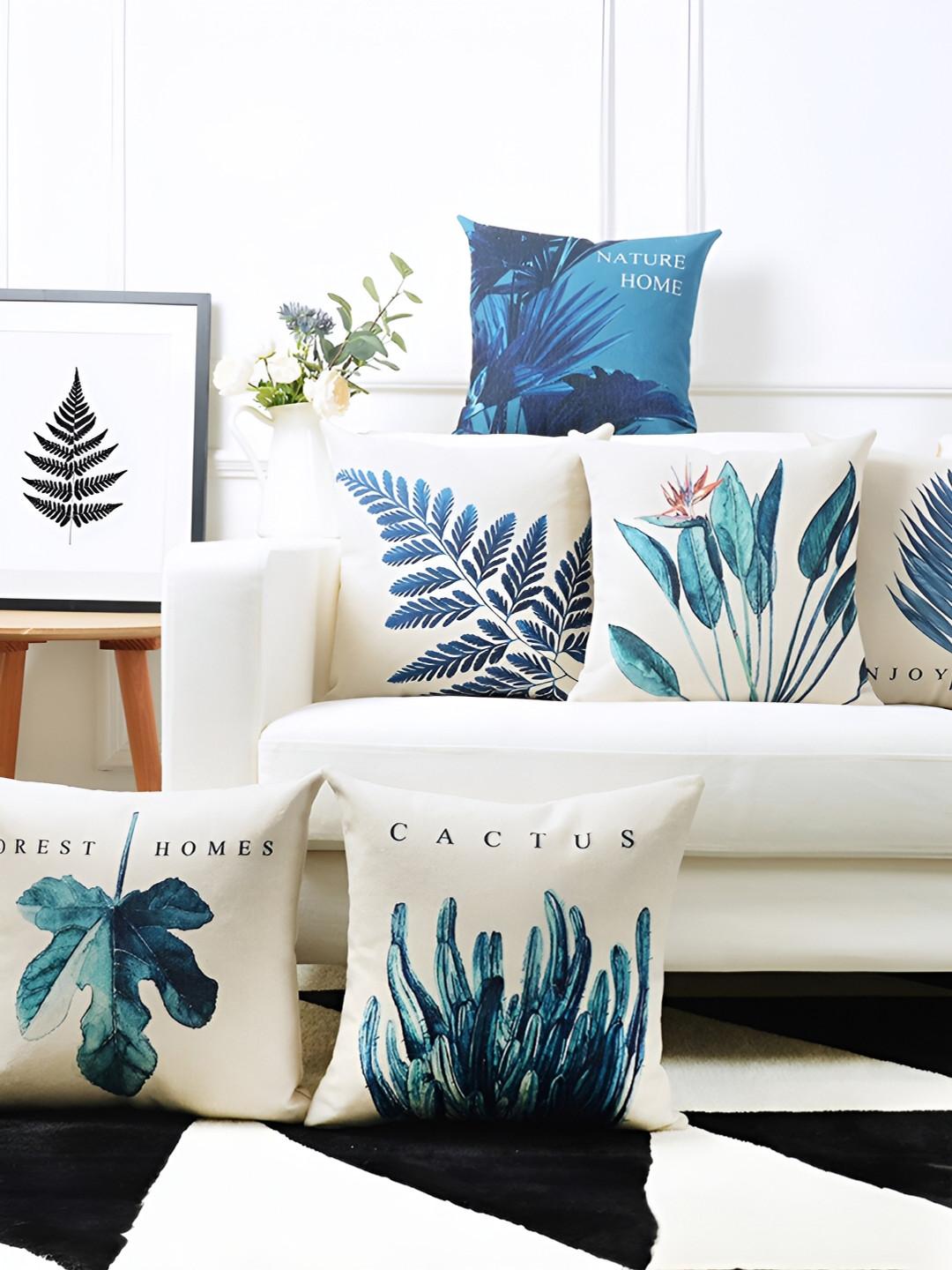 AEROHAVEN Blue Leaf Polyester Washable 5 Piece Square Cushion Covers -20x20In