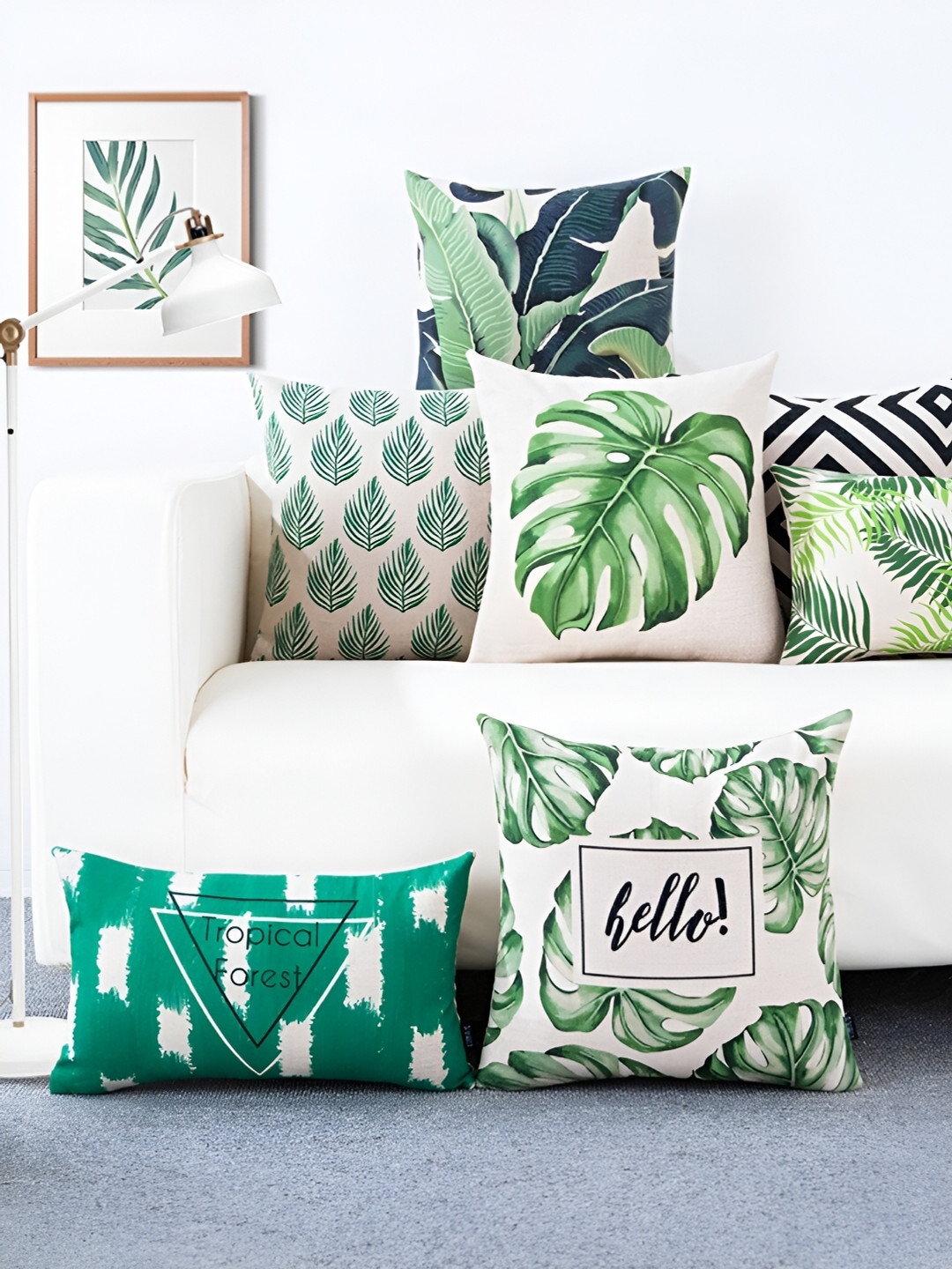 AEROHAVEN Printed Green Leaf Polyester Silk HD Digital 5 Pcs Cushion Covers -12x12In