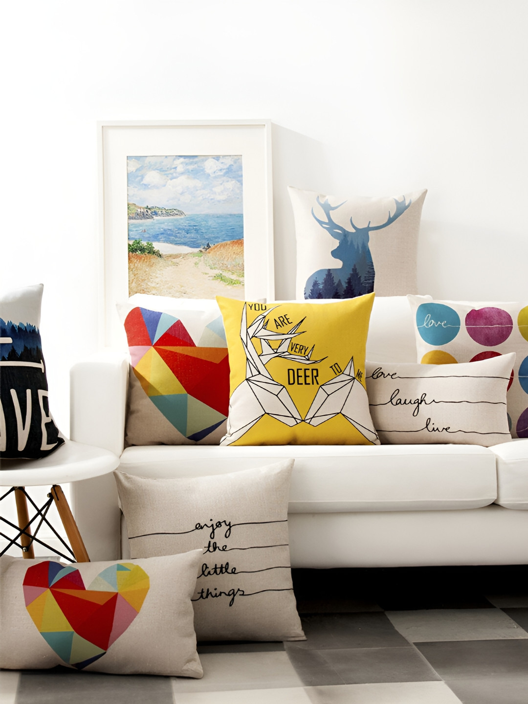 AEROHAVEN Yellow Typography Polyester HD Digital 5 Piece Square Cushion Covers -18x18In