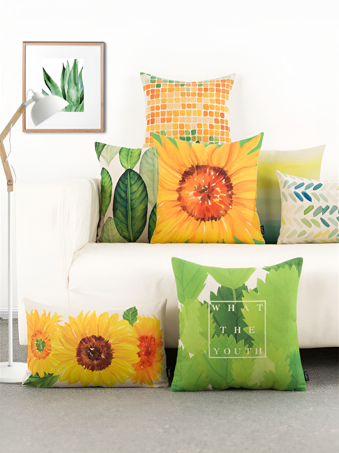 AEROHAVEN Yellow & White 5 Pieces Floral Square Cushion Covers