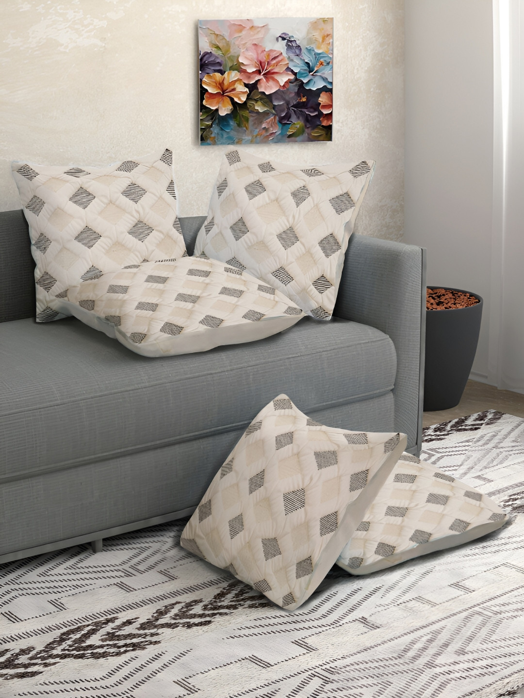 FABINALIV Cream-Coloured 5 Pieces Geometric Square Cushion Covers