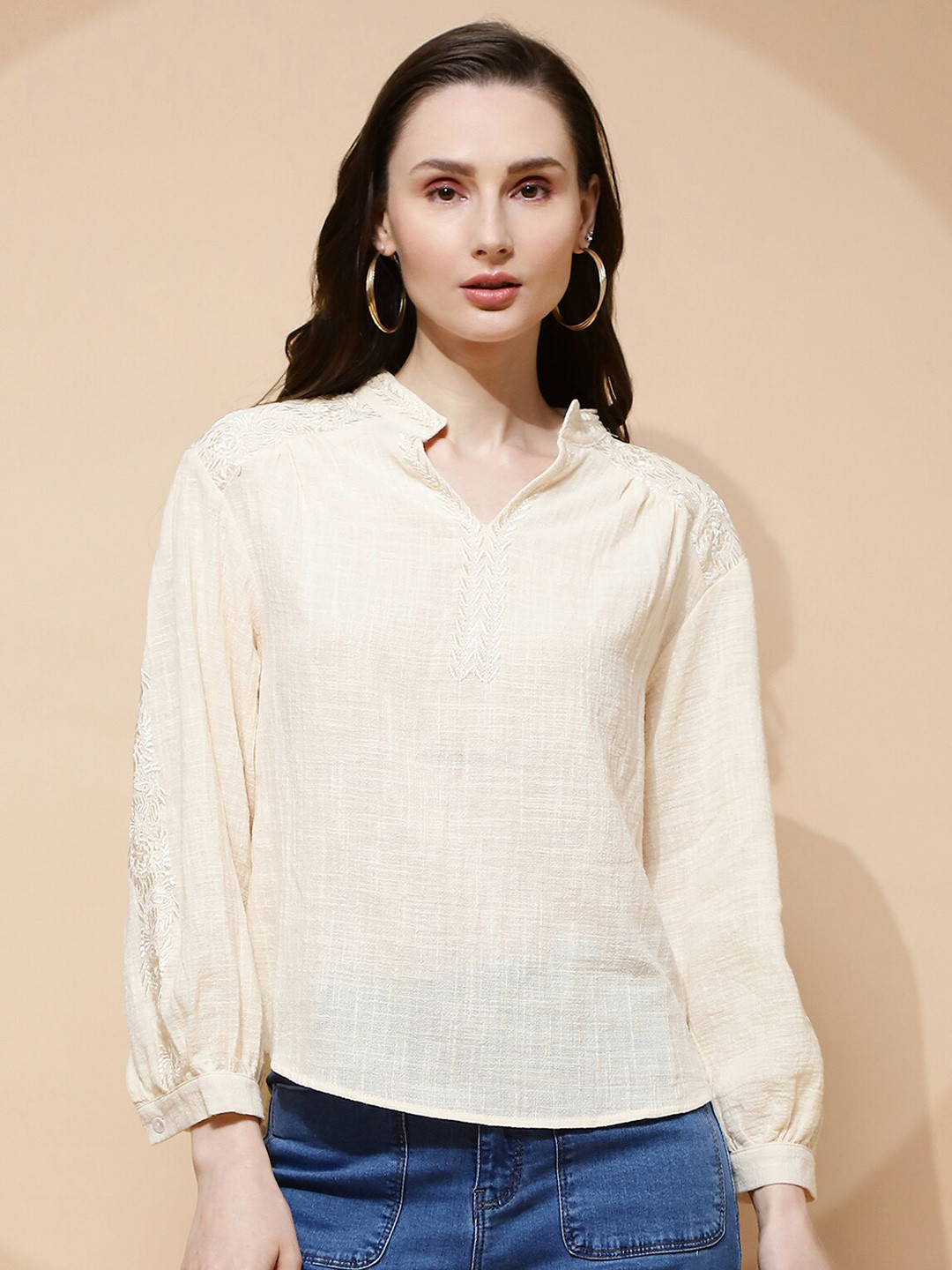 Global Republic Self Design Mandarin Collar Cuffed Sleeves Top