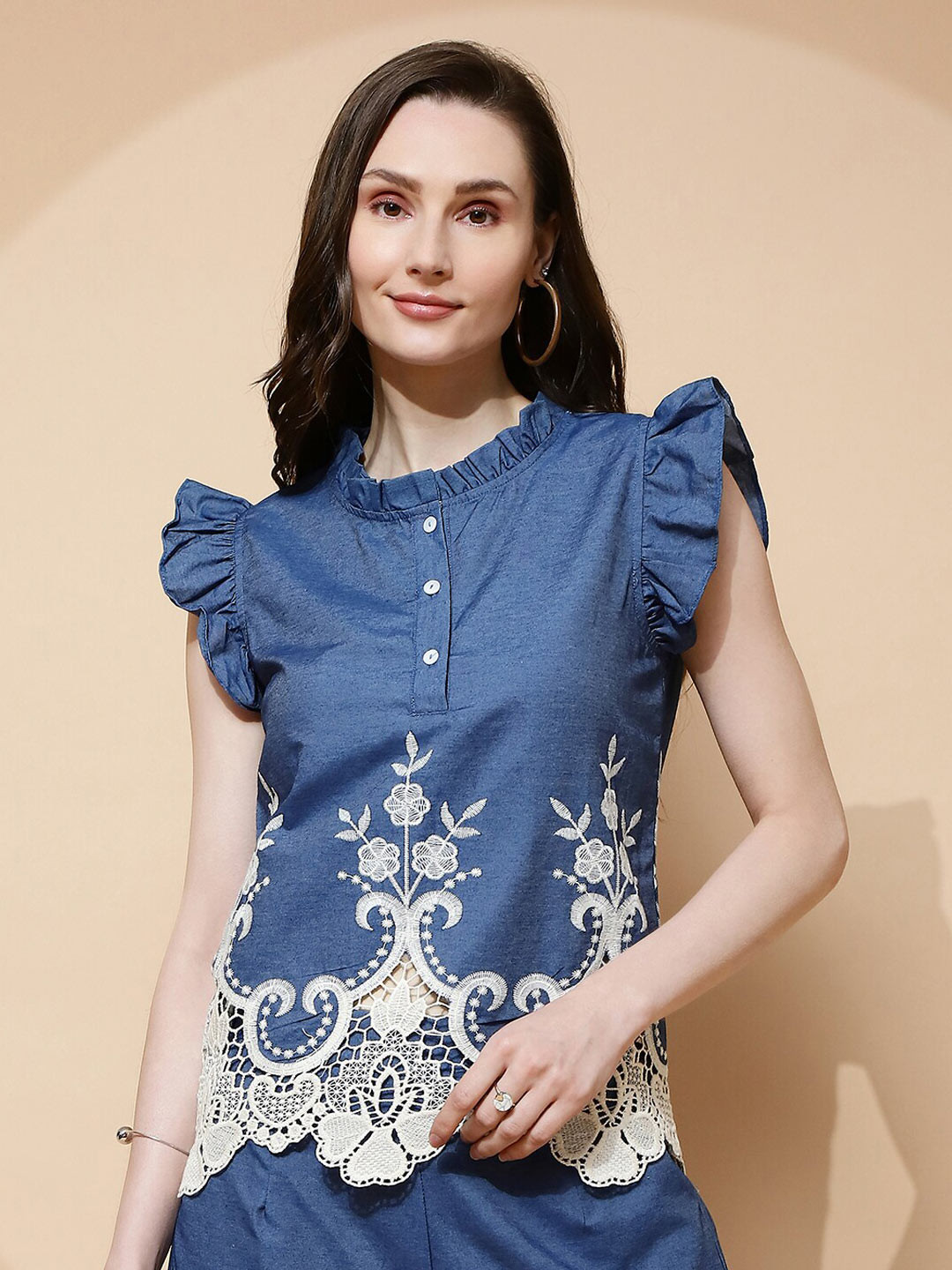 Global Republic Embroidered Flutter Sleeve Shirt Style Top
