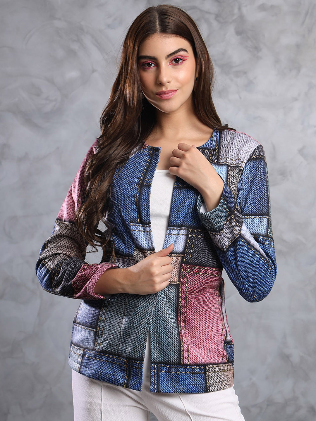 TANDUL Geometric Printed Indigo Button Shrug