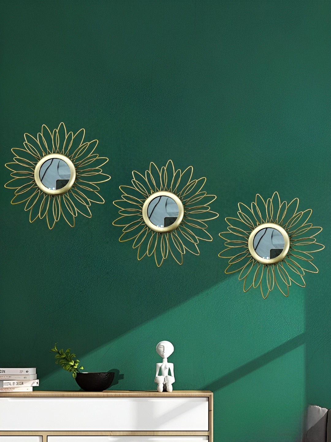 Garden Deco Metal Ethnic Motifs Glossy Hanging Hall 3Pcs Floral Wall Decor-7.9In