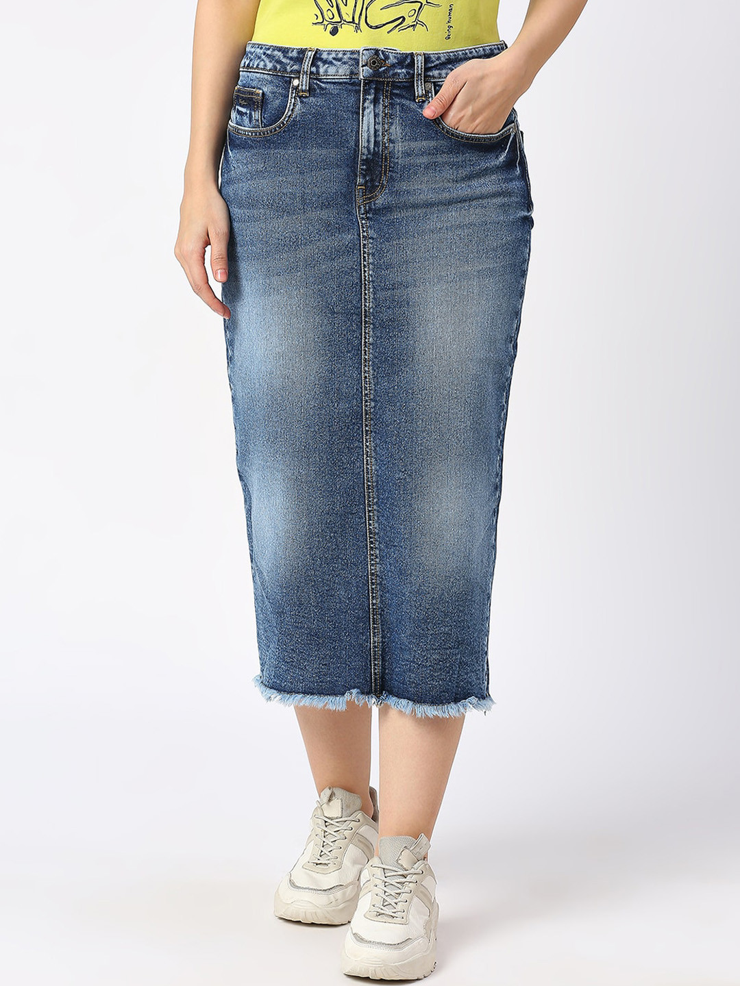 Being Human Washed Denim Straight Midi Skirt