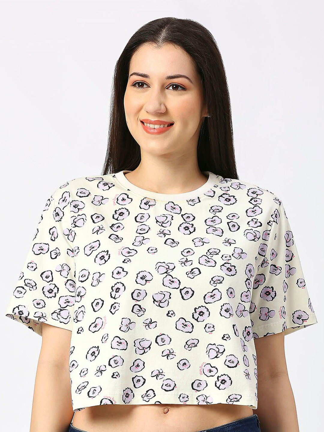 Being Human Floral Printed Drop-Shoulder Boxy Fit Croped Cotton T-shirt