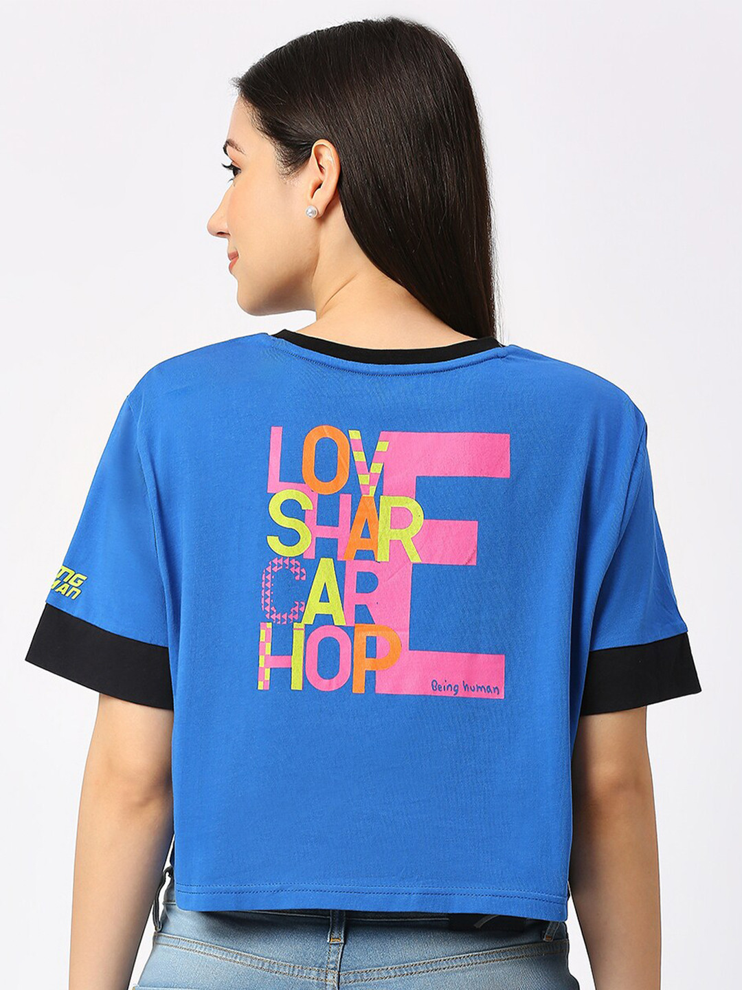 Being Human Typography Printed Round Neck Drop-Shoulder Boxy Fit Crop Cotton T-shirt