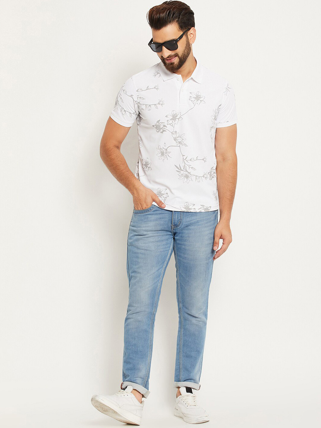 OGEN Floral Printed Regular Fit Short Sleeves Cotton Polo Collar T-shirt