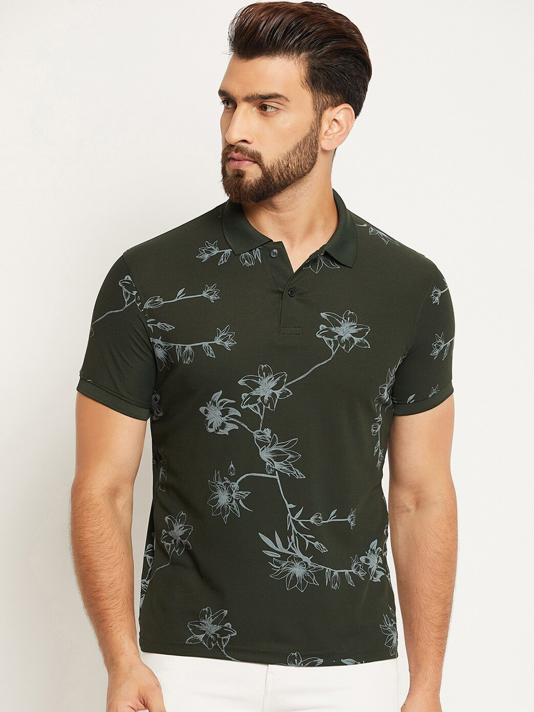 OGEN Floral Printed Regular Fit Short Sleeves Cotton Polo Collar T-shirt