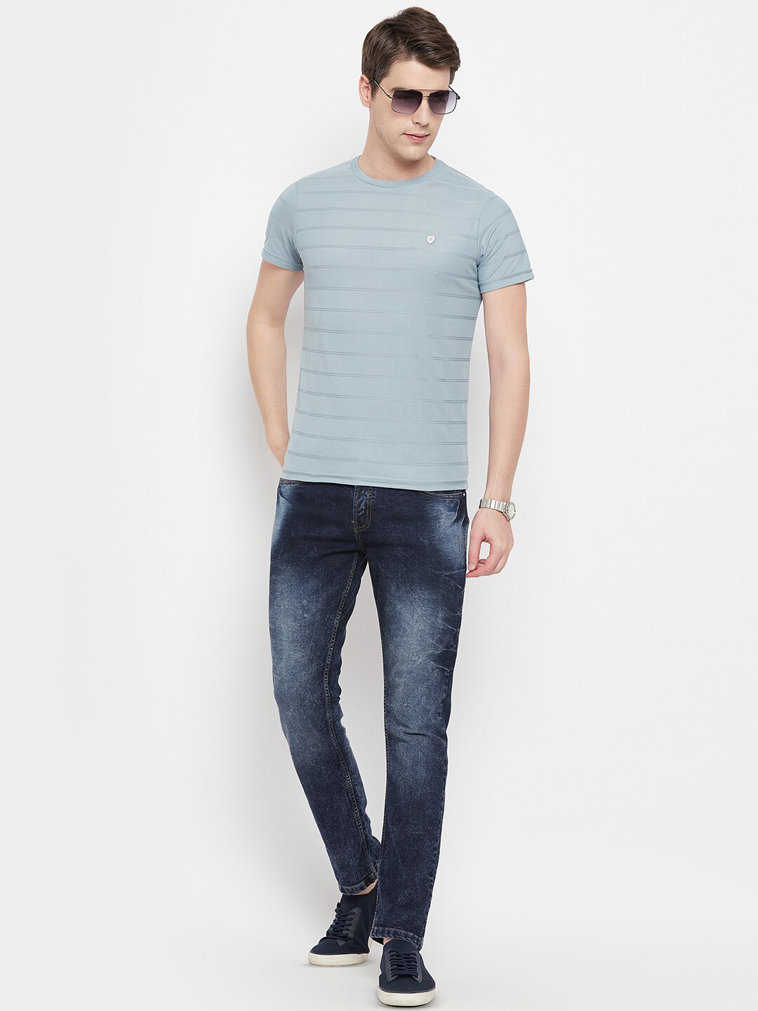 OGEN Striped Round Neck Short Sleeves Cotton T-shirt