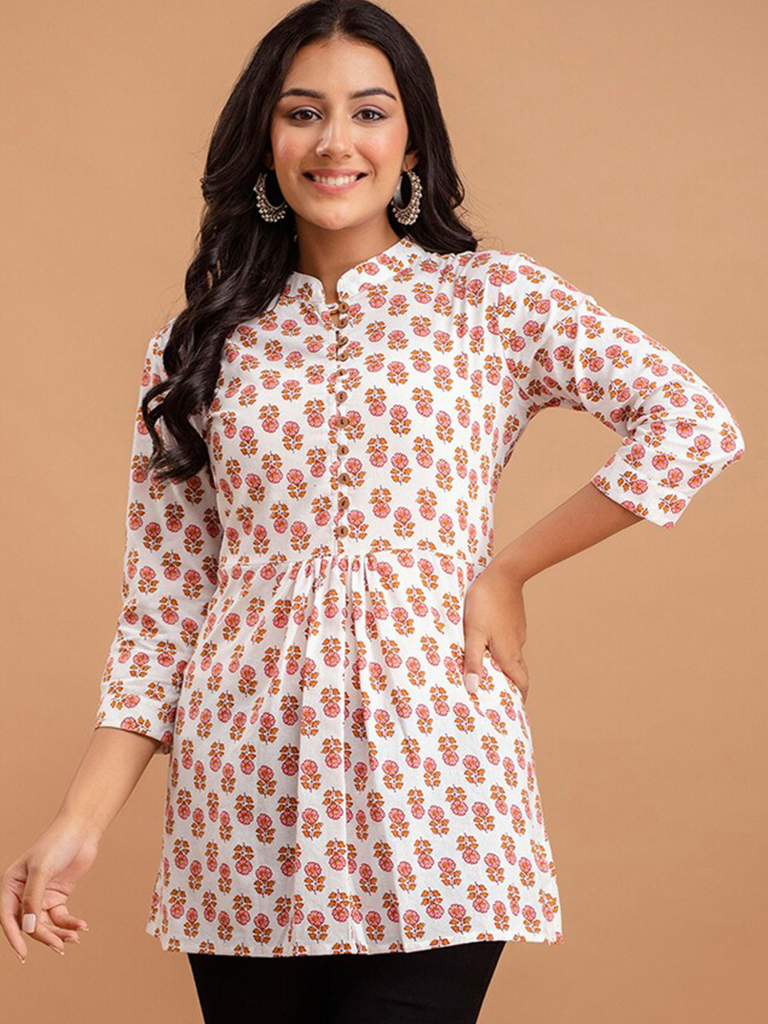FERANOID Floral Printed Mandarin Collar Pure Cotton Peplum Kurti