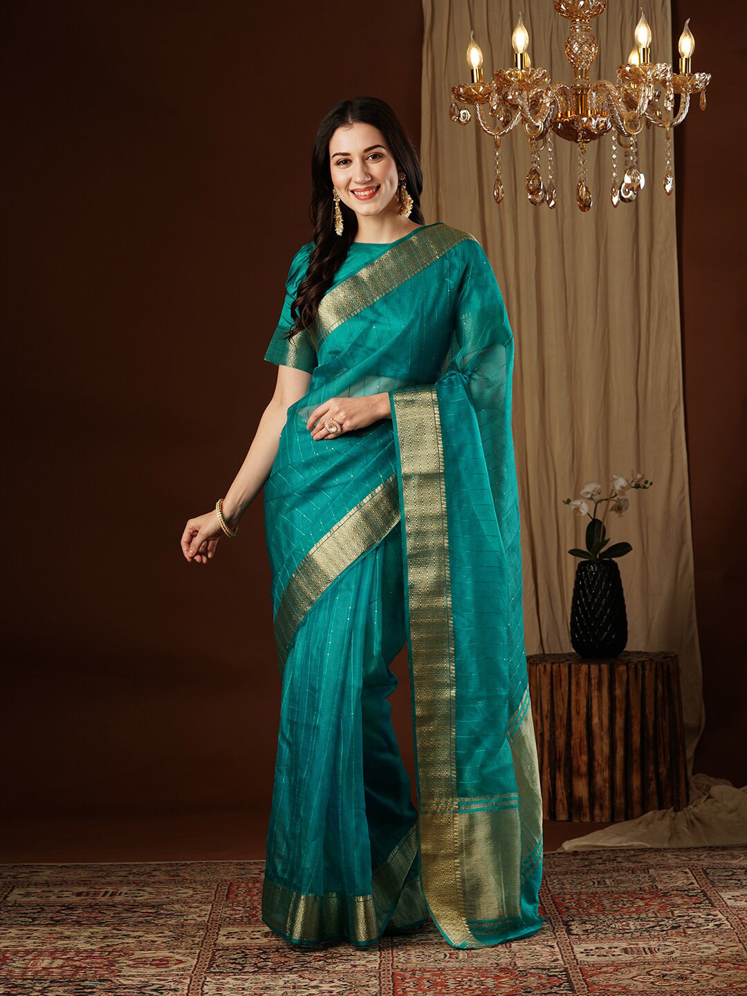 FLOURIOUS Embellished Zari Organza Kanjeevaram Saree