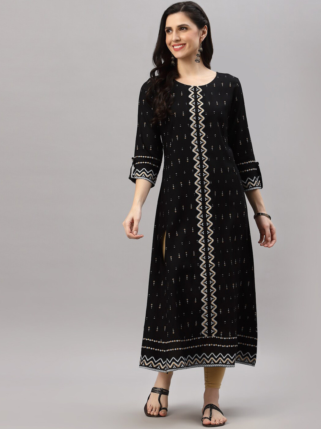 KALINI Geomatrical Printed Roll-Up Sleeves Regular A-Line Kurta