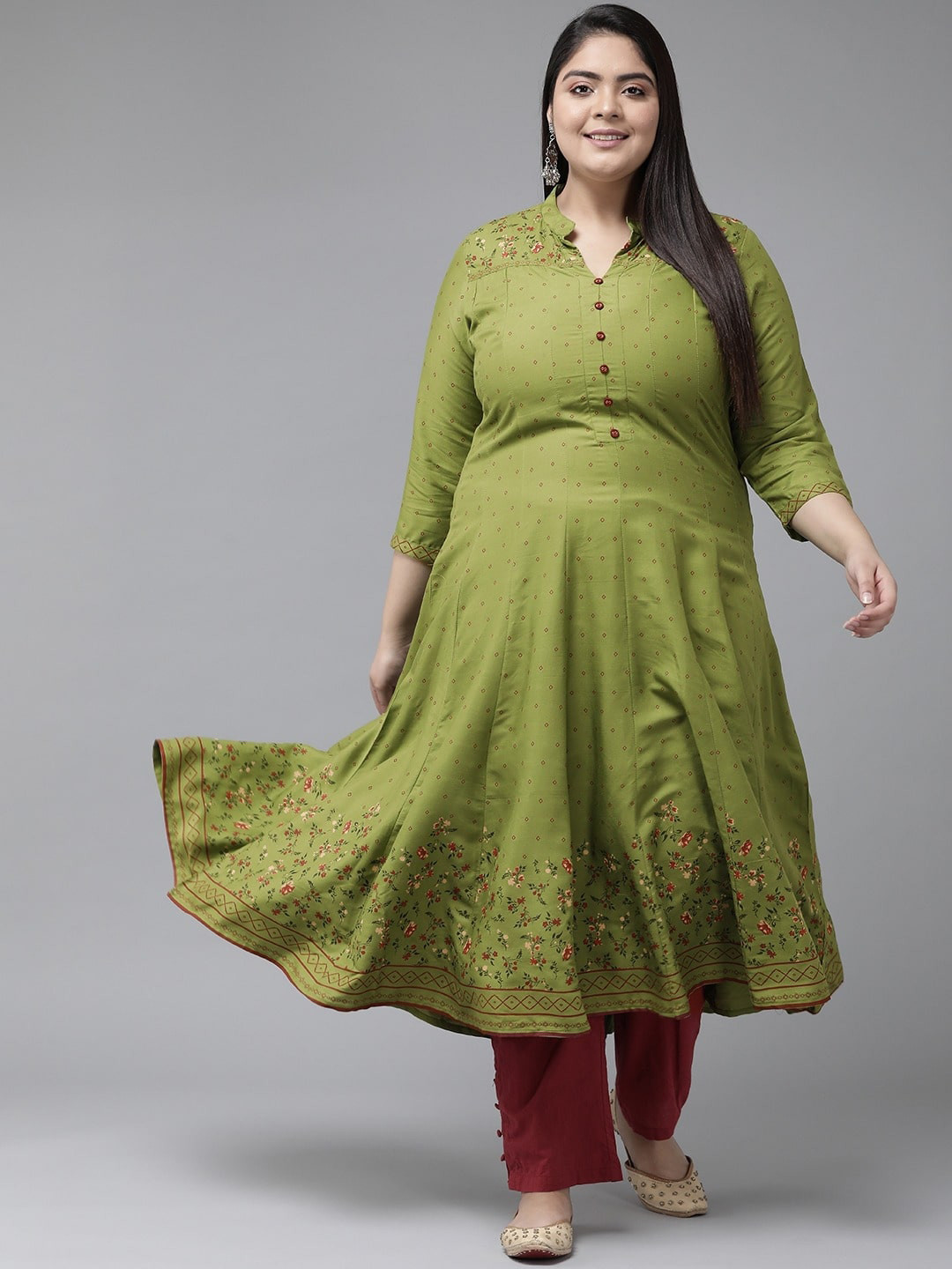 KALINI Women PLse Size Geometric Printed Mandarin Collar Anarkali Kurta