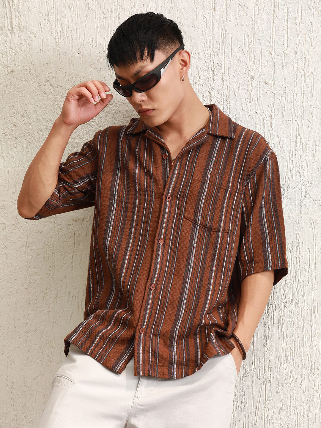 Hubberholme Relaxed fit Vertical Striped Resort Collar Crochet Cotton Casual Shirt