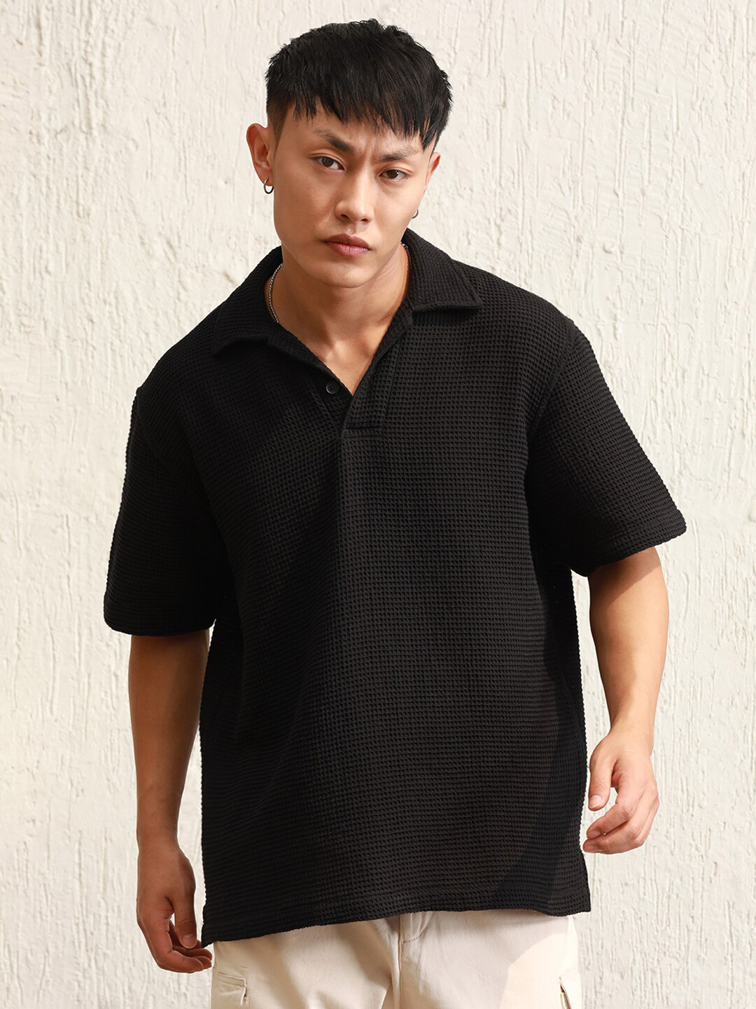 Hubberholme Self Design waffle Polo Collar Cotton Oversized T-shirt