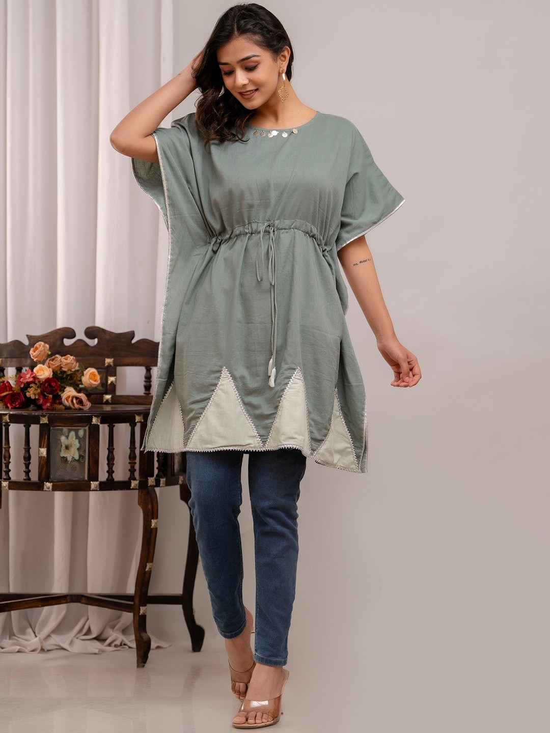A&K Round Neck Regular Sleeves Gotta Patti Above Knee Cotton Kaftan Kurta