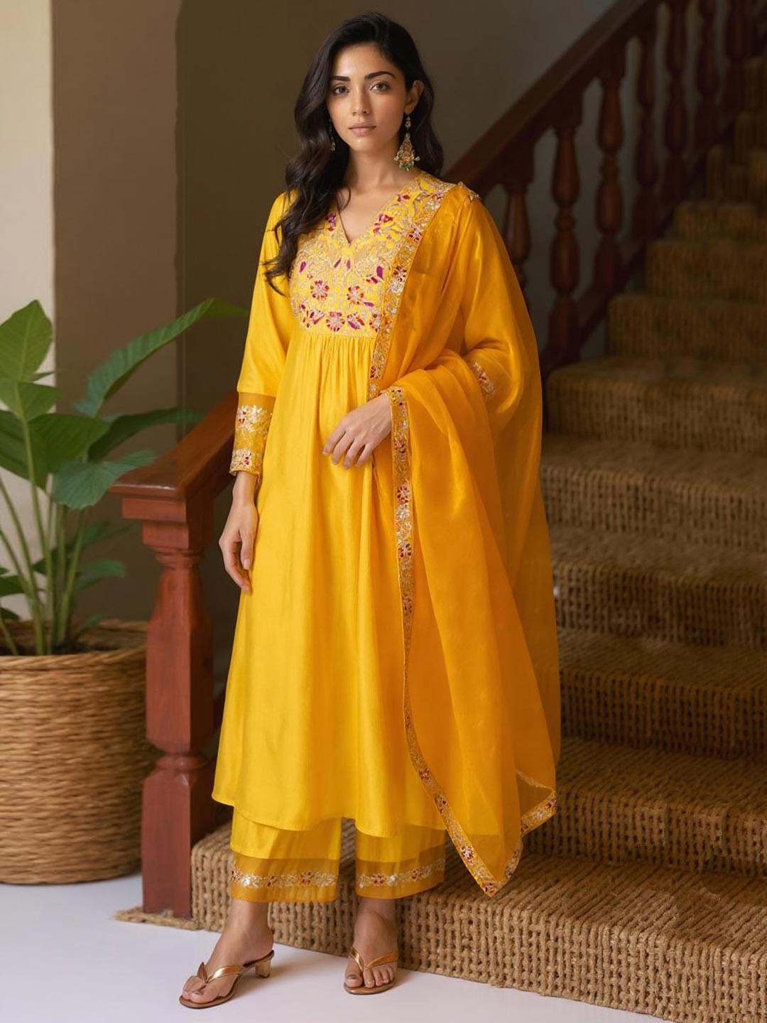 Indo Era Floral Embroidered Empire Liva A-Line Kurta With Palazzo & Dupatta