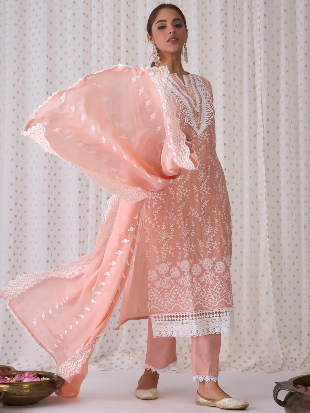 Indo Era Floral Embroidered Notched Neck Cotton Straight Kurta With Trousers & Dupatta - Kurta Sets for Women 29287608 | Myntra