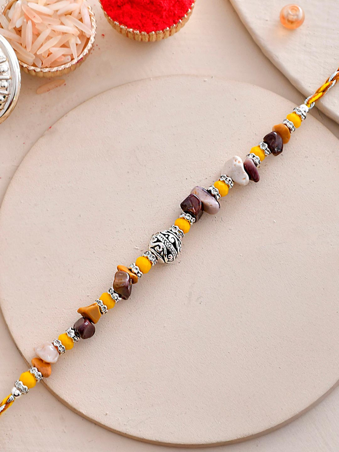 Yellow Beads Bohemian Motif Thread Rakhi For Brother