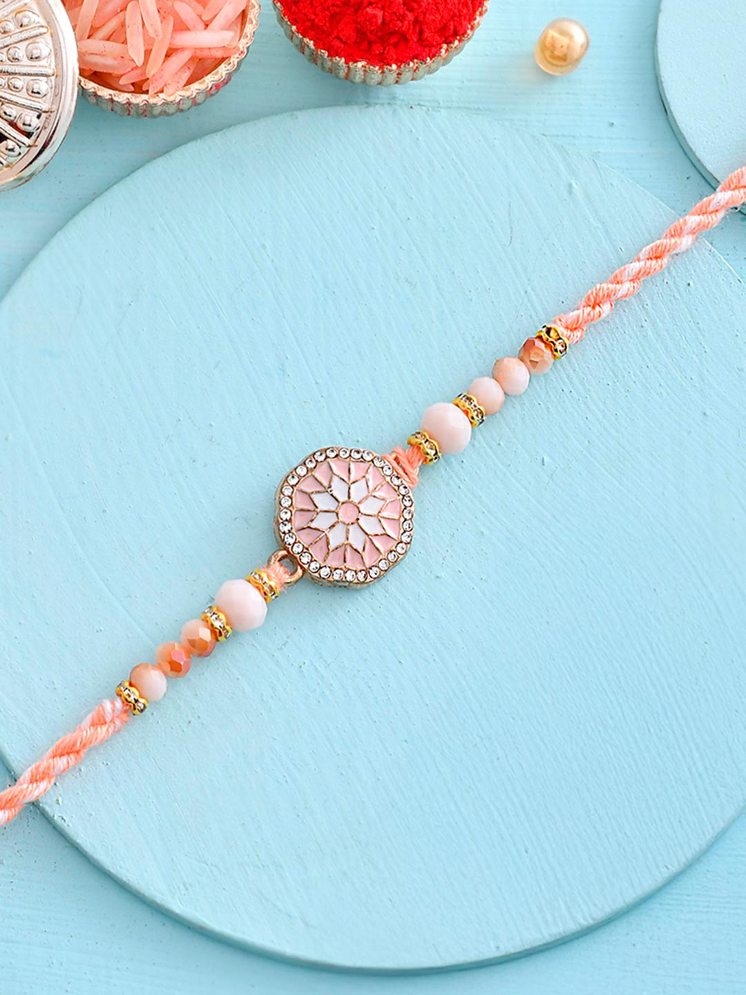Men's Orange Thread Traditional Design White Pearls Rakhi For Brother