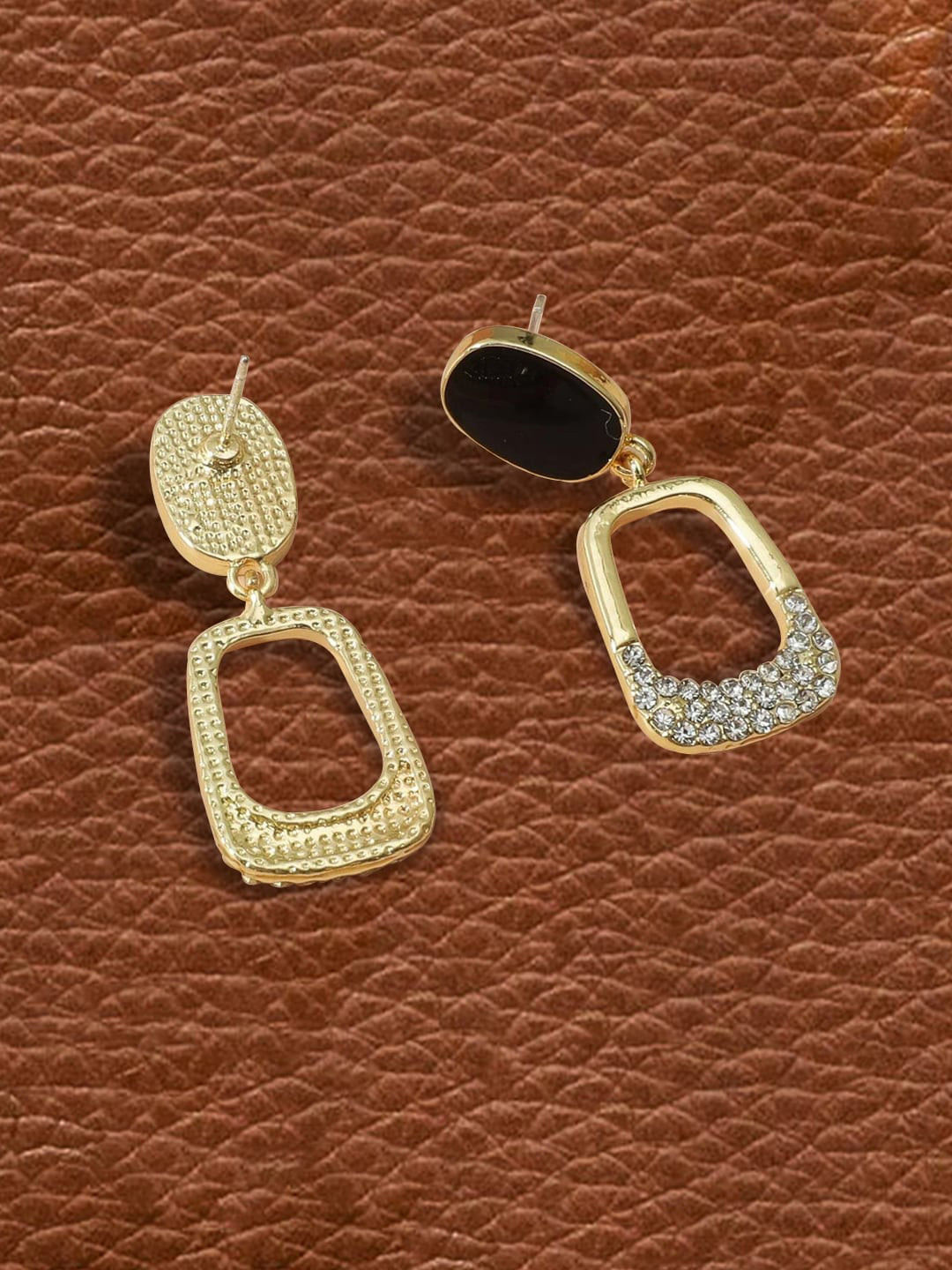 FIMBUL Gold-Plated Rhinestone Studded Square Drop Earrings