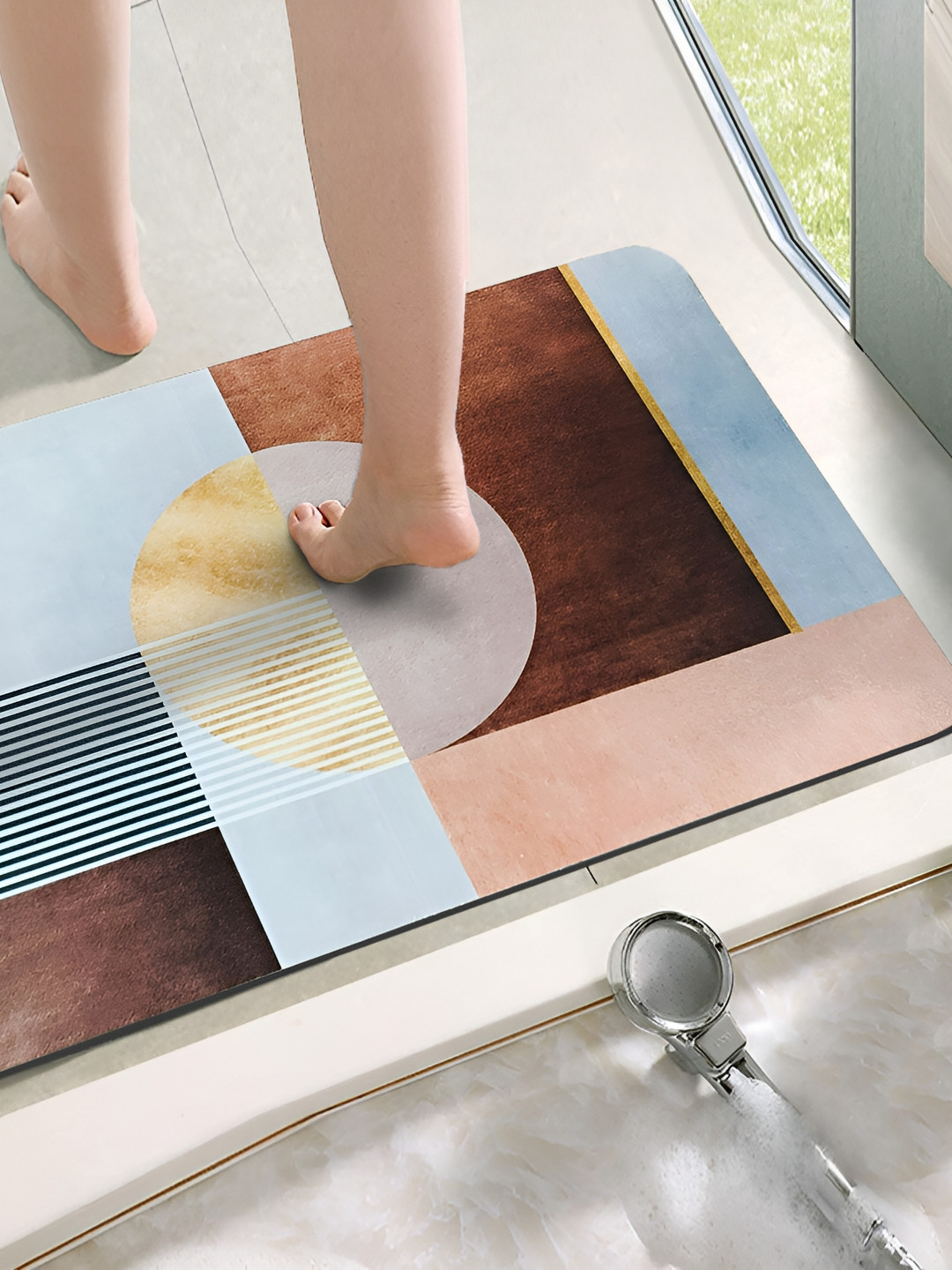 Yellow Weaves Blue & Brown Printed 110 GSM Anti-Skid Bath Rug