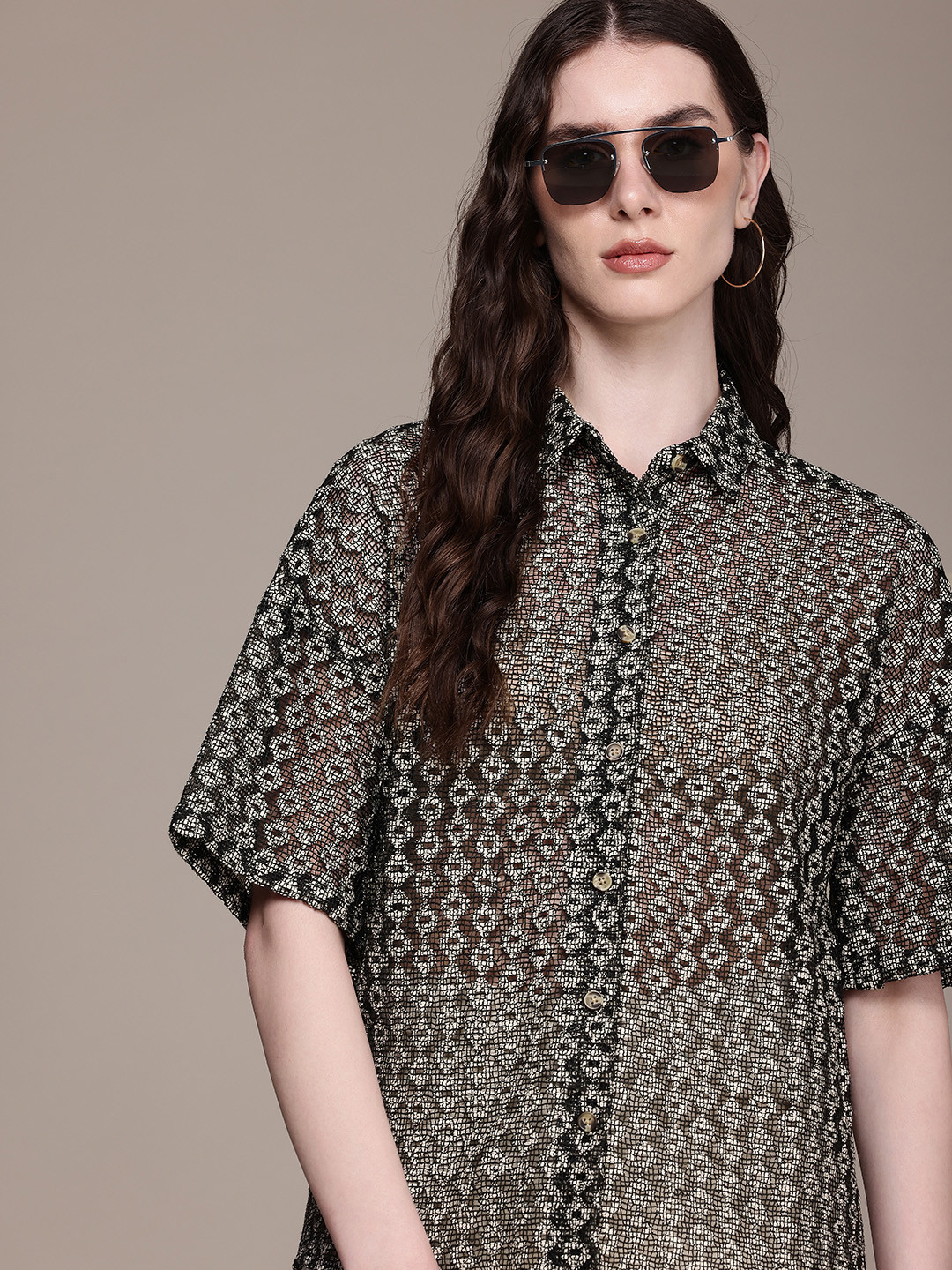 Roadster Relaxed Oversized Drop-Shoulder Sleeves Sheer Casual Shirt