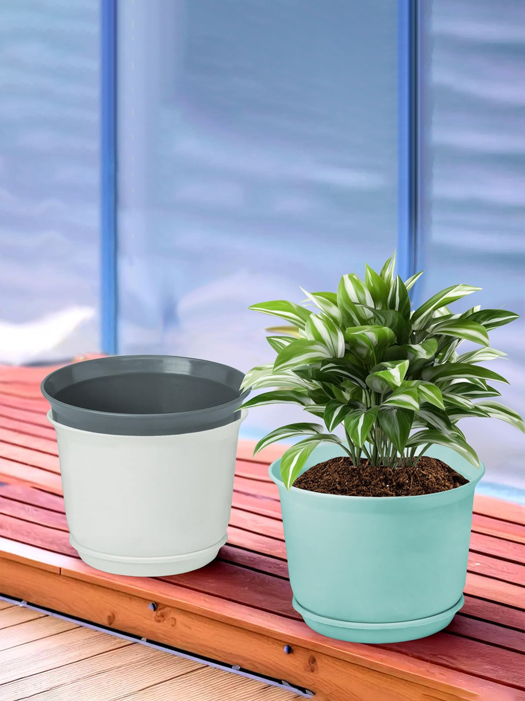 Kuber Industries Blue & White 3 Pieces Plain Sawera Flower Pot With Tray