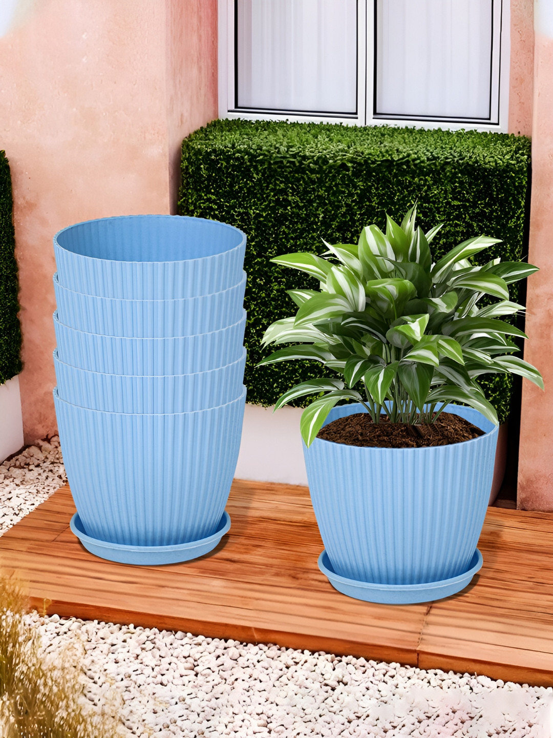 Kuber Industries Marble Mega Blue 6 Pieces Textured Flower Pot Planters With Tray