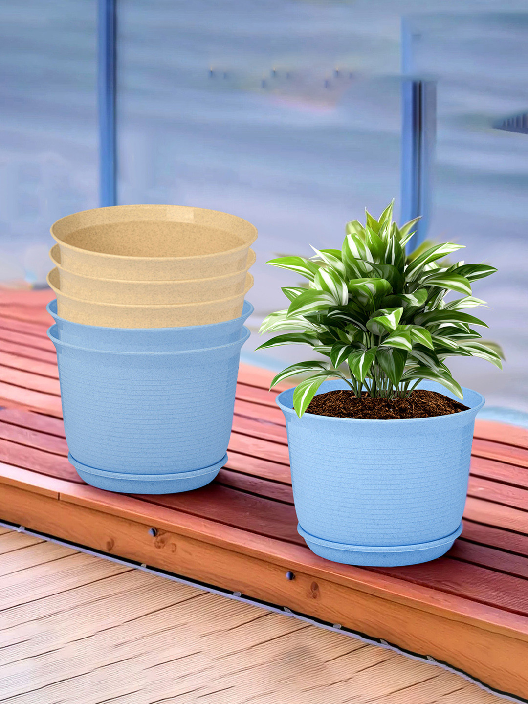 Kuber Industries 6-Pcs Blue & Beige Textured Flower Pot Planters With Tray