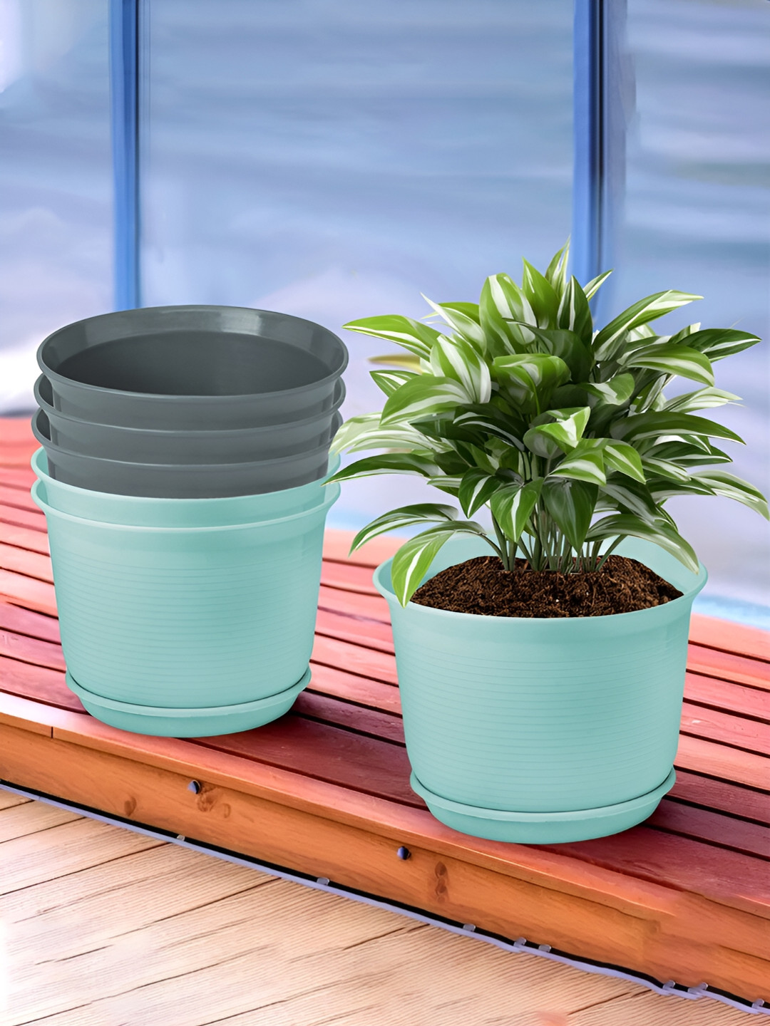 Kuber Industries Blue & Grey 6 Pieces Flower Pot Planters With Tray