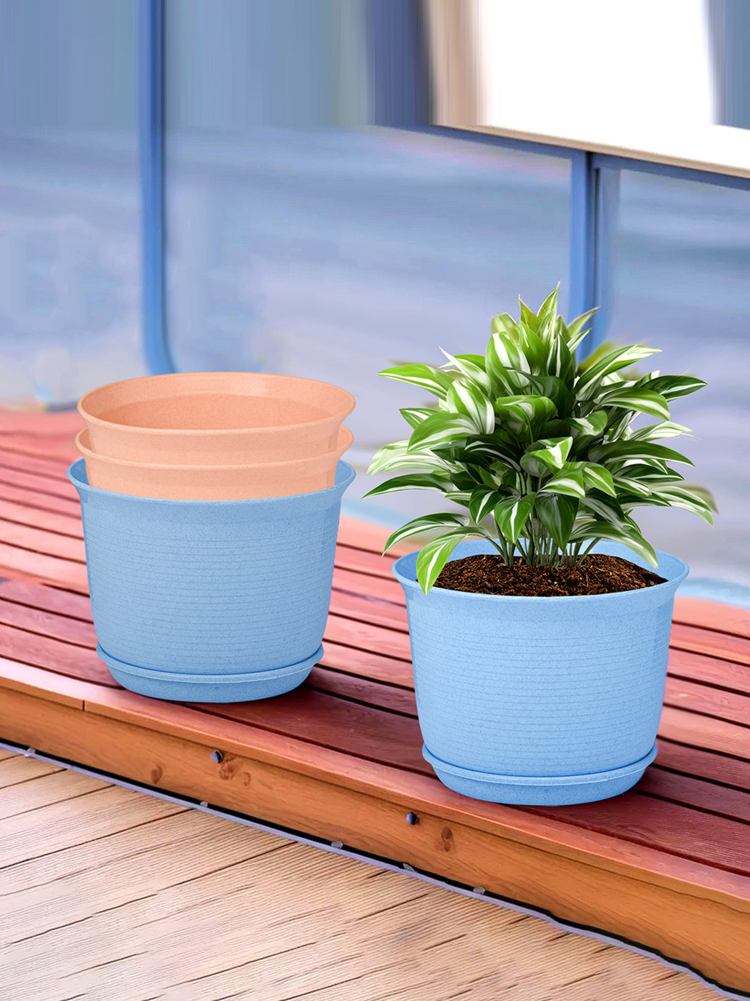 Kuber Industries Blue & Peach 4 Pcs Coloured Textured Flower Pot Planters With Tray