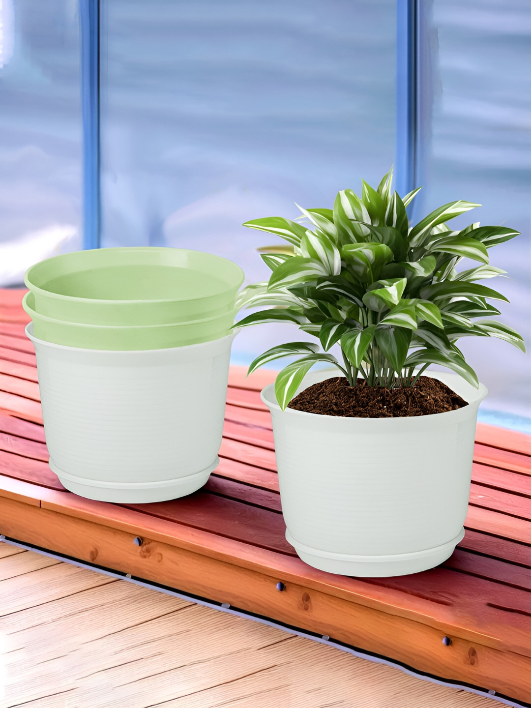 Kuber Industries White & Green 4 Pcs Flower Pot Planters With Tray