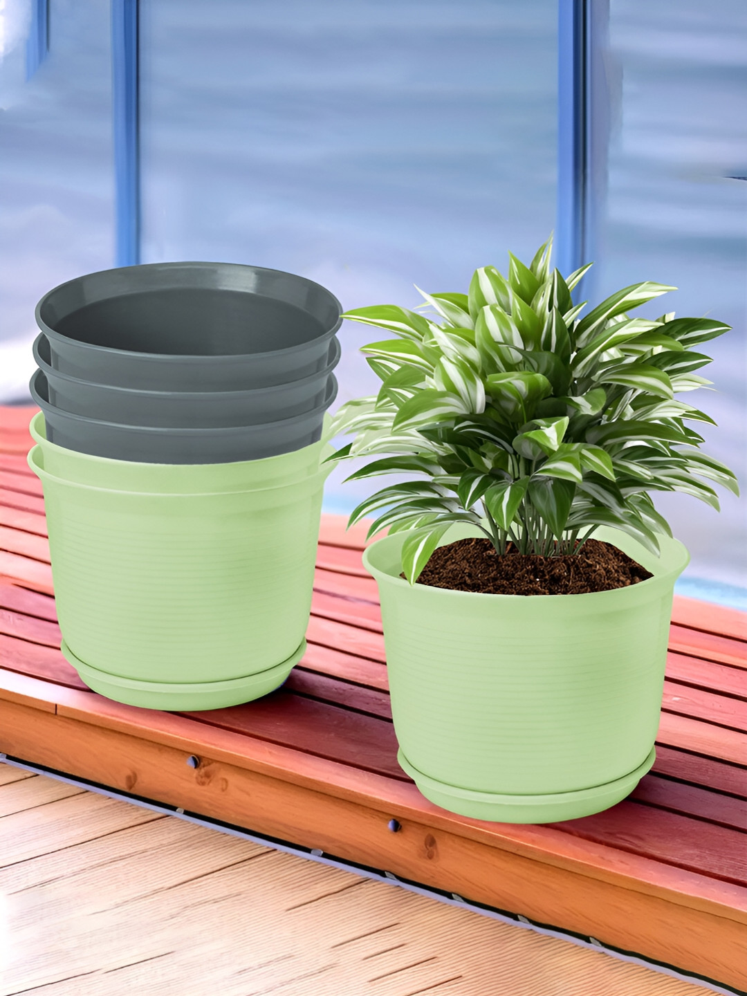 Kuber Industries Green & Grey 6 Pieces Flower Pot Planters With Tray