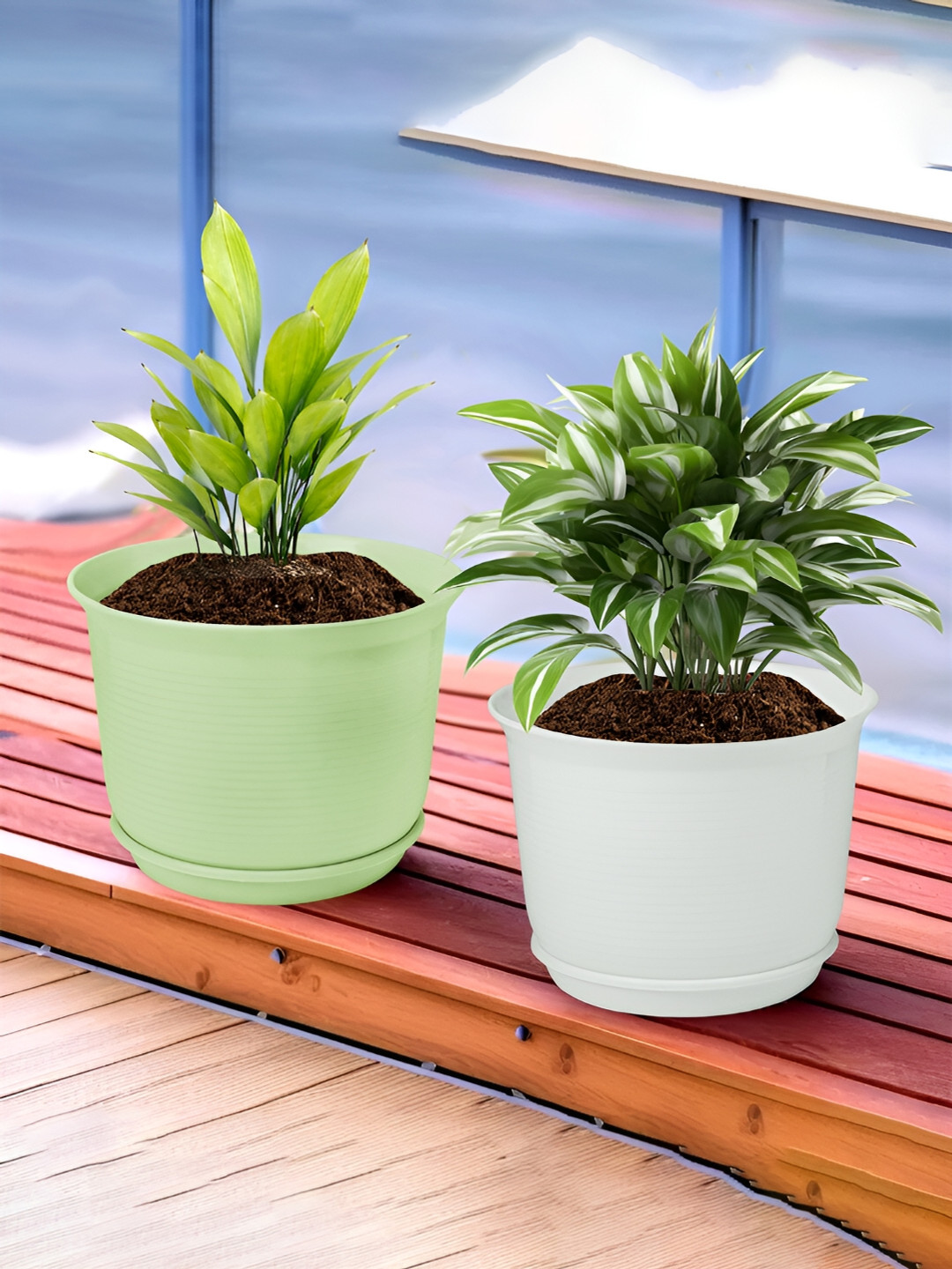 Kuber Industries White & Green 2 Pcs Flower Pot Planters With Tray